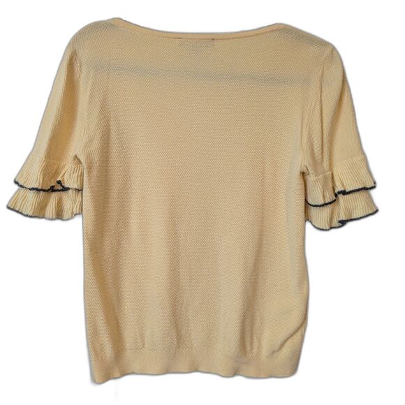 Ann Taylor Knit Top Women’s Medium Light Yellow w/ Navy Ruffle Sleeves - Picture 4 of 5